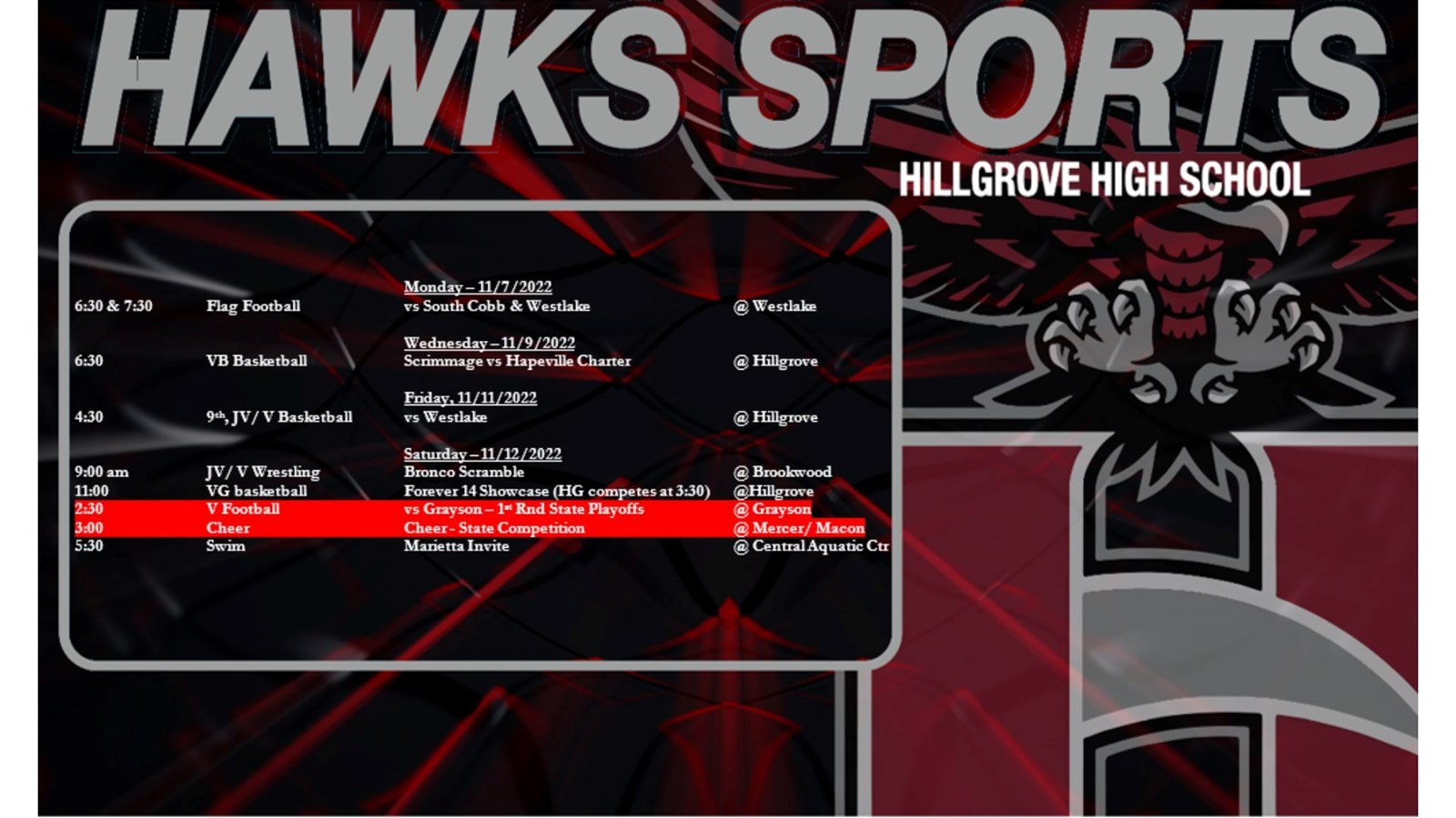 Hawks Sports for week of November 7, 2022